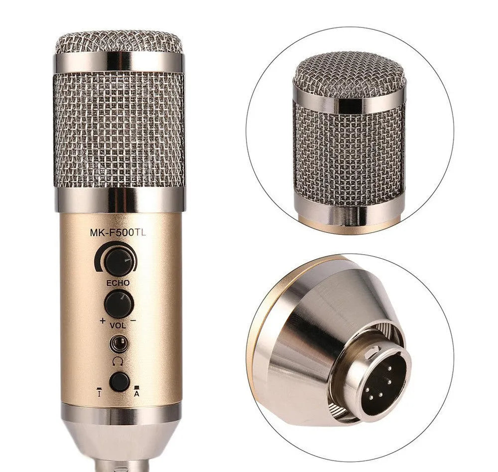 Gold condenser microphone on included bracket for wireless use with phones and computers.