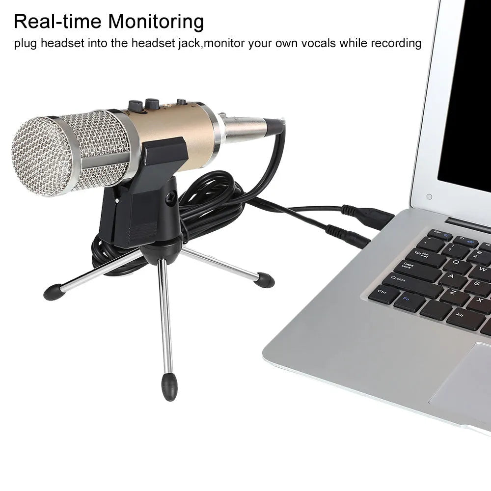 Gold condenser microphone on included bracket for wireless use with phones and computers.