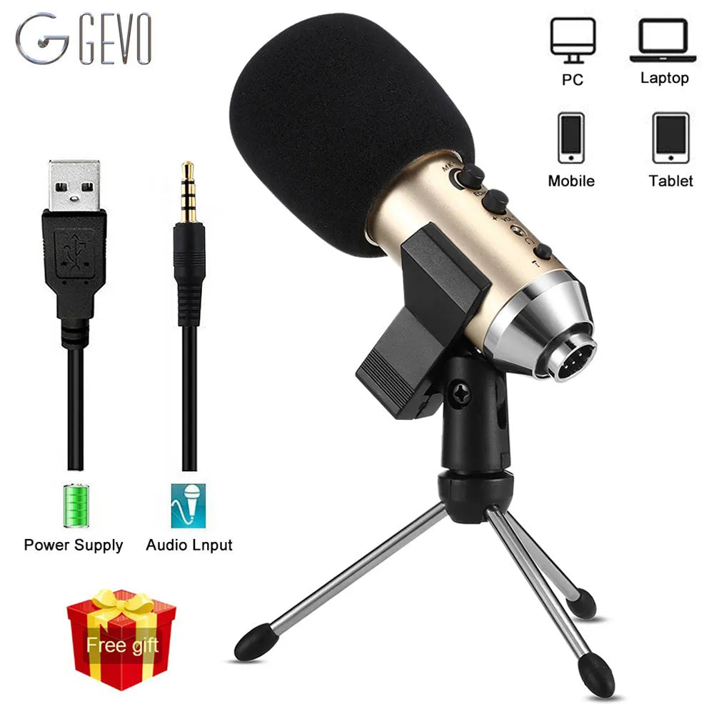 Gold condenser microphone on included bracket for wireless use with phones and computers.