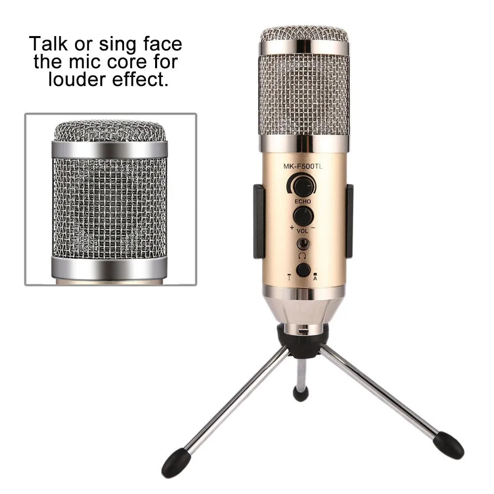 Gold condenser microphone on included bracket for wireless use with phones and computers.
