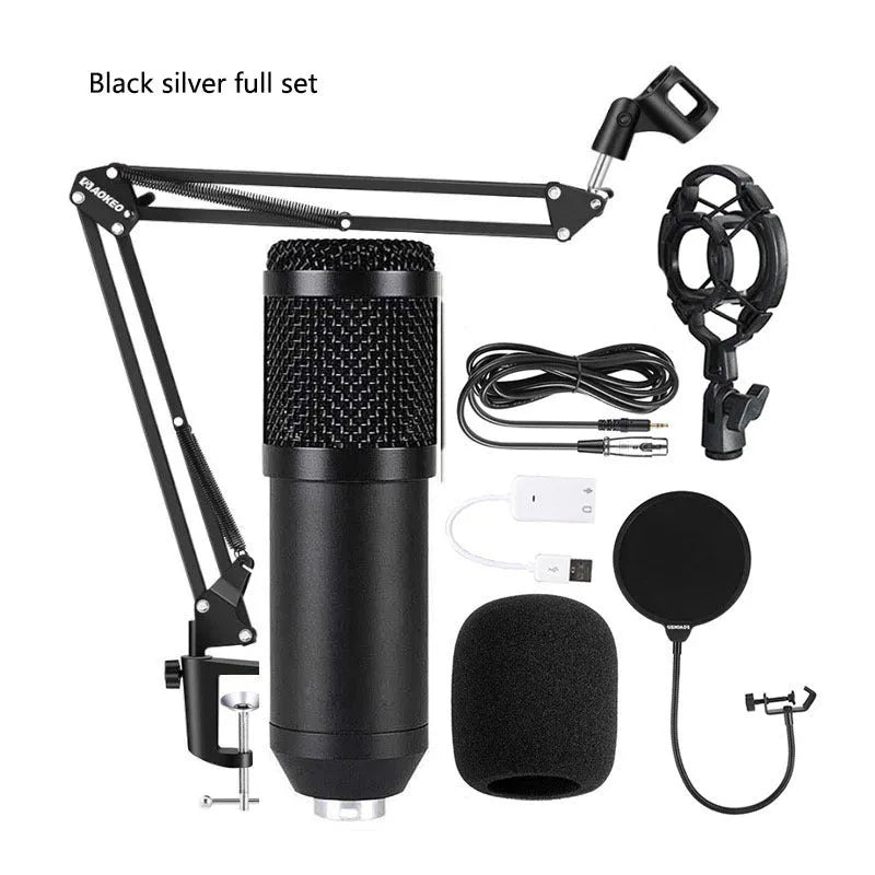 BM800 condenser microphone kit with large diaphragm capsule, shock mount, pop filter, and desk bracket on a black background.