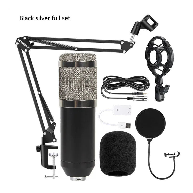 BM800 condenser microphone kit with large diaphragm capsule, shock mount, pop filter, and desk bracket on a black background.