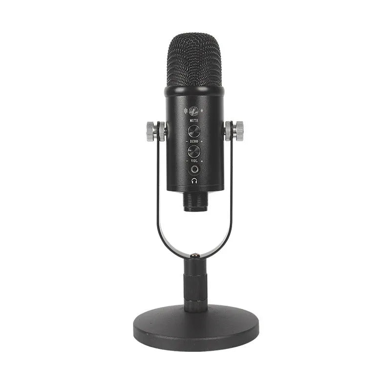 Black USB condenser microphone with metal stand and foam pop filter on a desktop