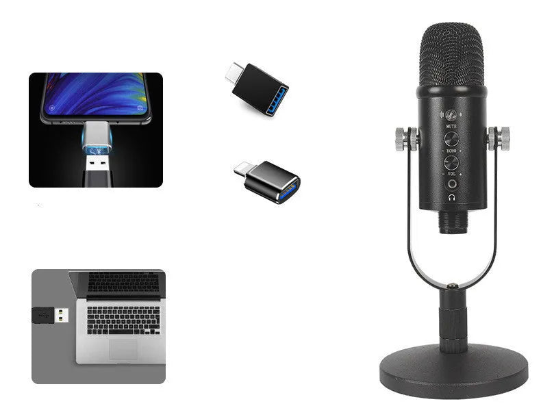 Black USB condenser microphone with metal stand and foam pop filter on a desktop