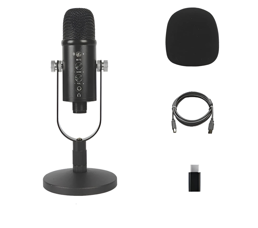 Black USB condenser microphone with metal stand and foam pop filter on a desktop