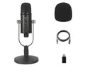 Black USB condenser microphone with metal stand and foam pop filter on a desktop