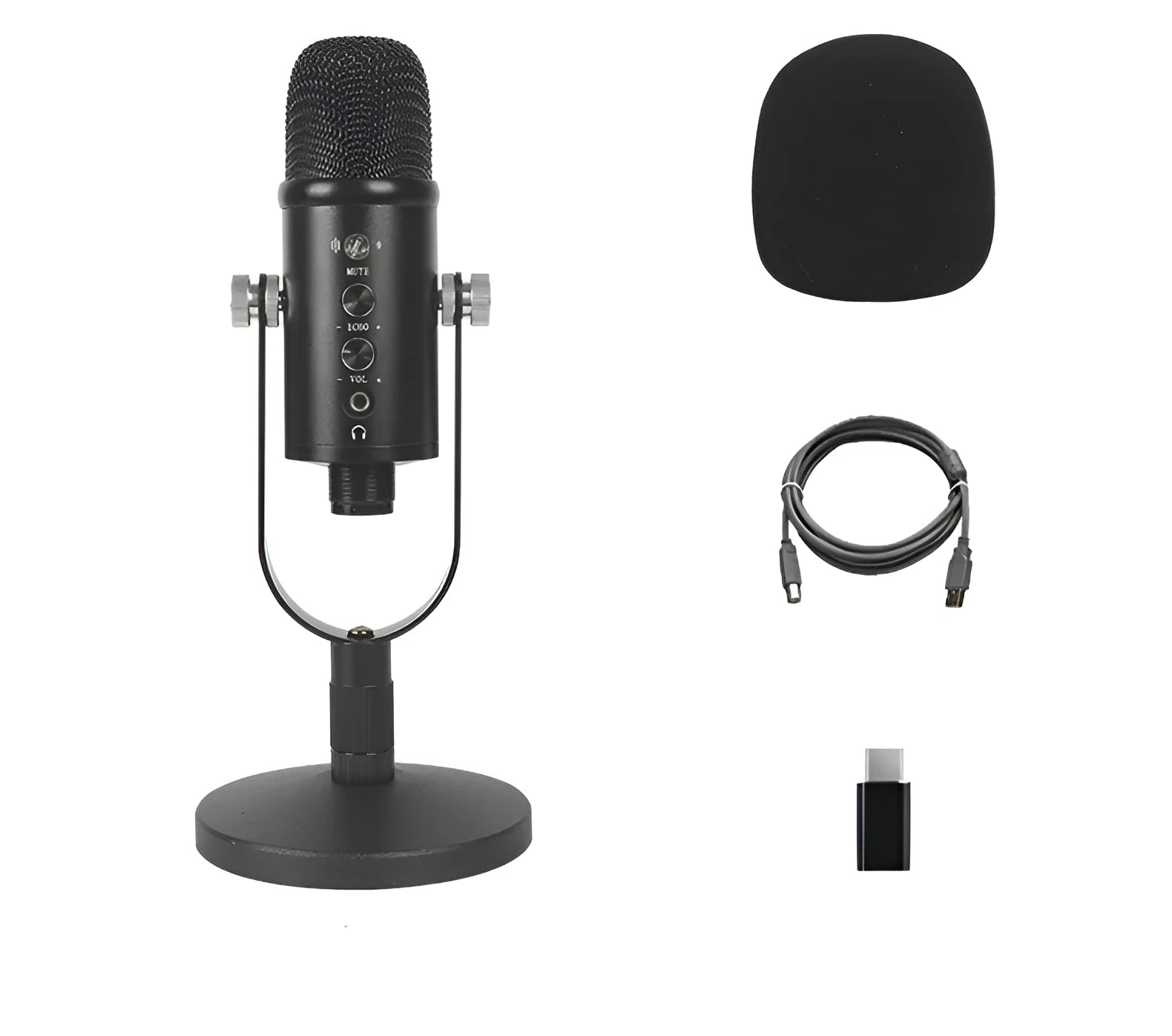 Black USB condenser microphone with metal stand and foam pop filter on a desktop