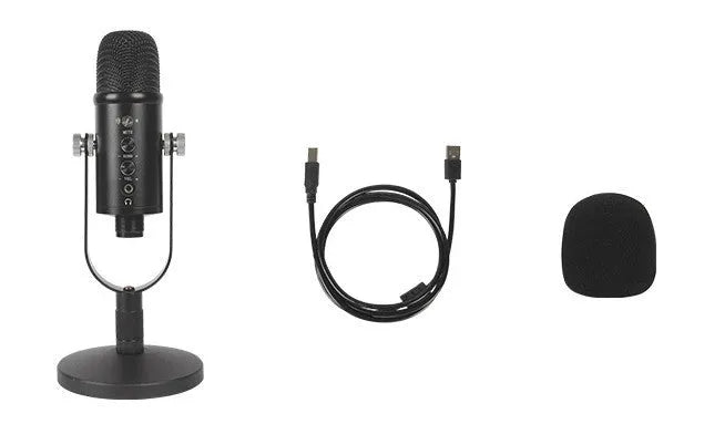 Black USB condenser microphone with metal stand and foam pop filter on a desktop