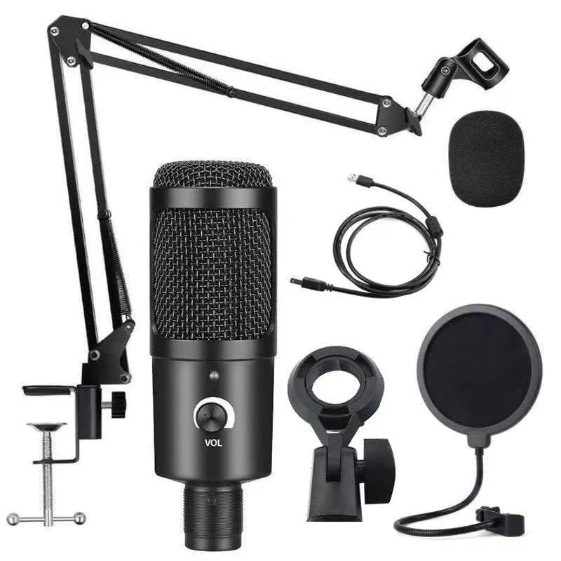 USB condenser microphone with cardioid pickup pattern on desktop stand, includes sponge cover and net for home recording
