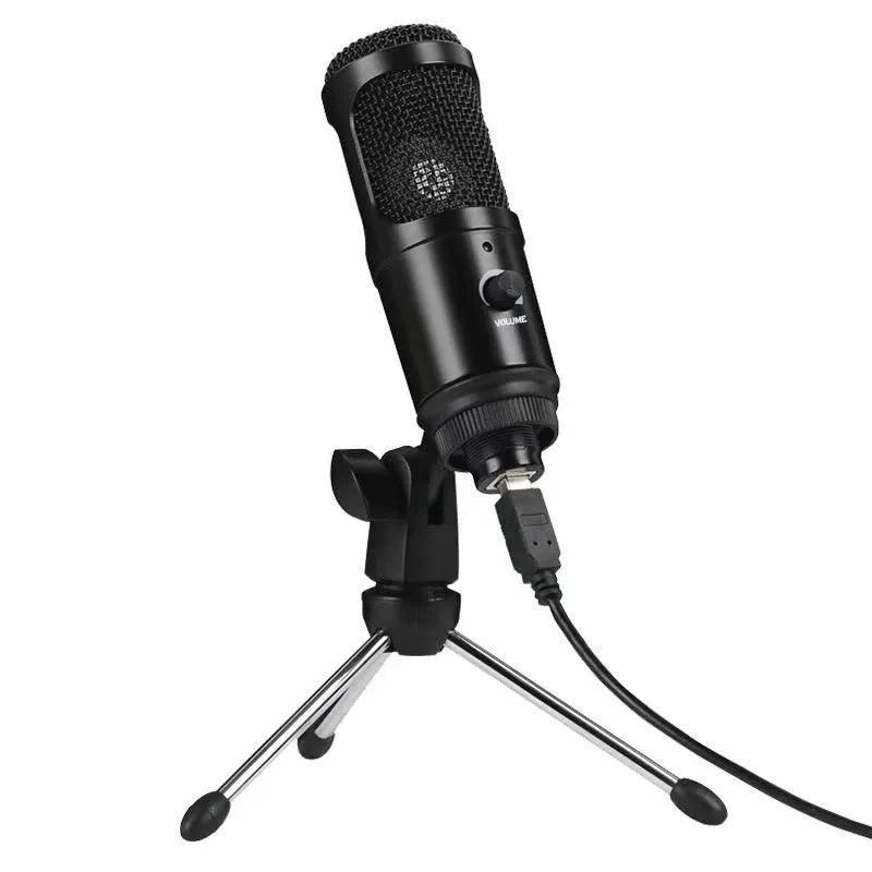 USB condenser microphone with cardioid pickup pattern on desktop stand, includes sponge cover and net for home recording
