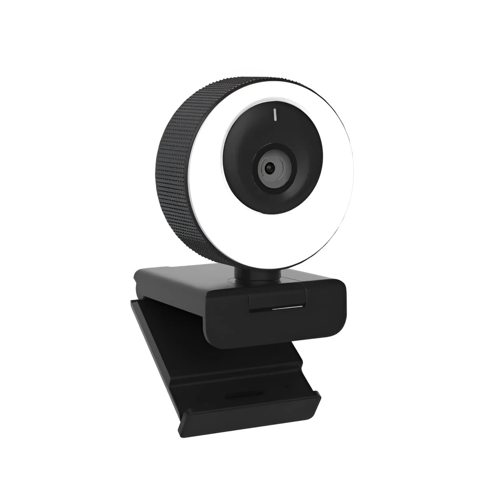 Black USB webcam with magnetic privacy cover on a laptop, showing 1080p resolution and built-in microphone.