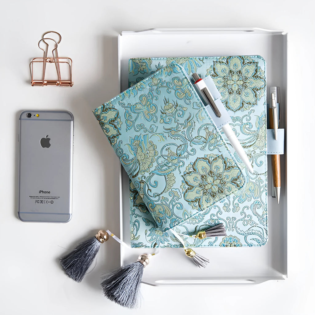 Flying blue flower fabric cover notebook in A5 size with spiral binding