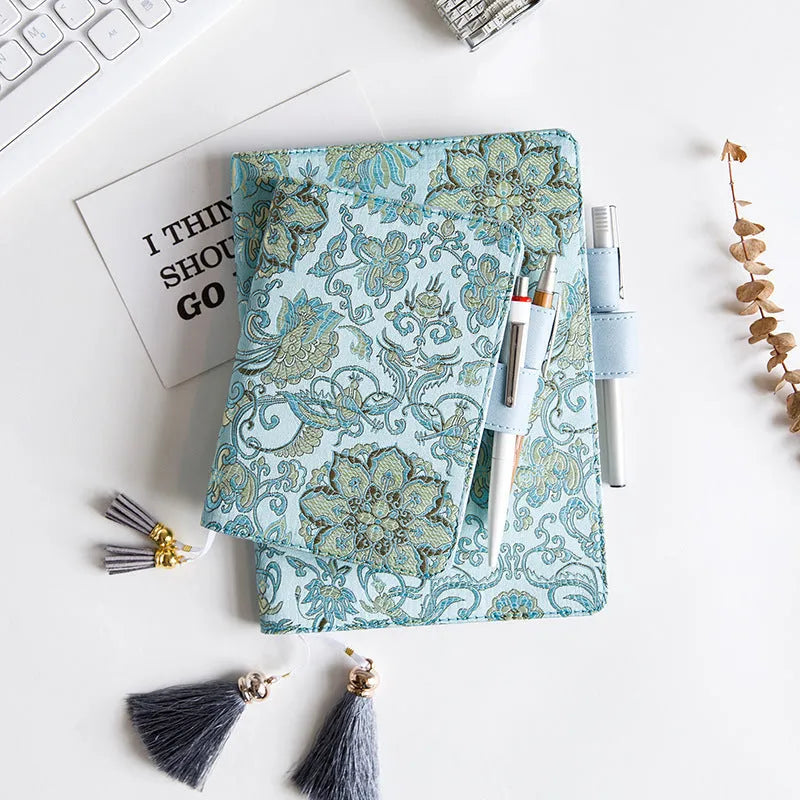 Flying blue flower fabric cover notebook in A5 size with spiral binding