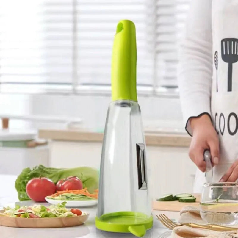 Green multifunctional storage box peeler with built-in rubbish bin for collecting vegetable peelings