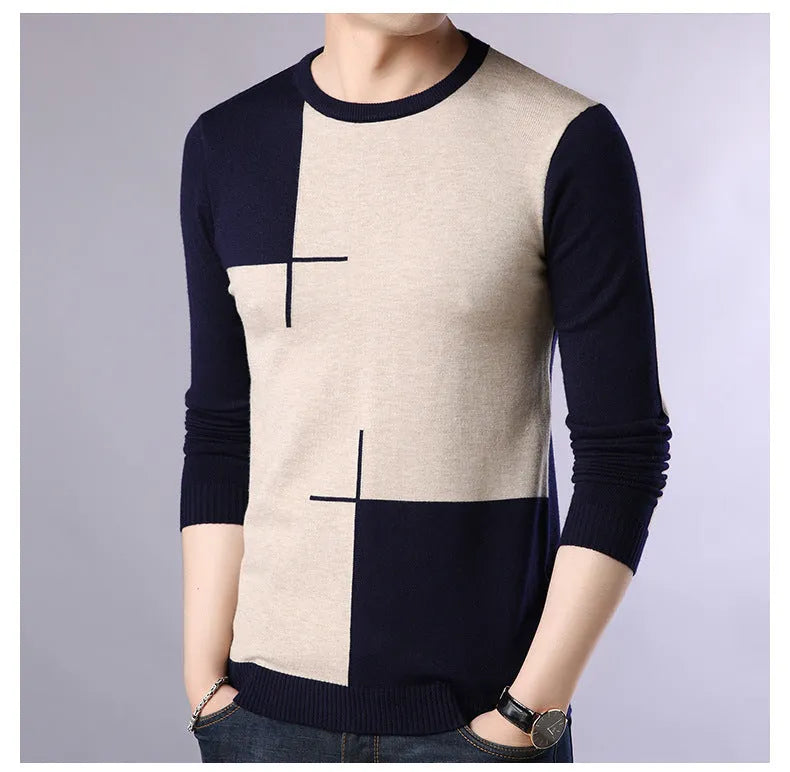 Men's wool crew neck pullover in black, dark blue, and red, sizes M to 3XL