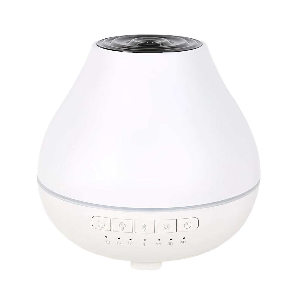 White round Soho & Co Bluetooth aroma diffuser emitting mist, with multi-colour LED glow and UK plug.