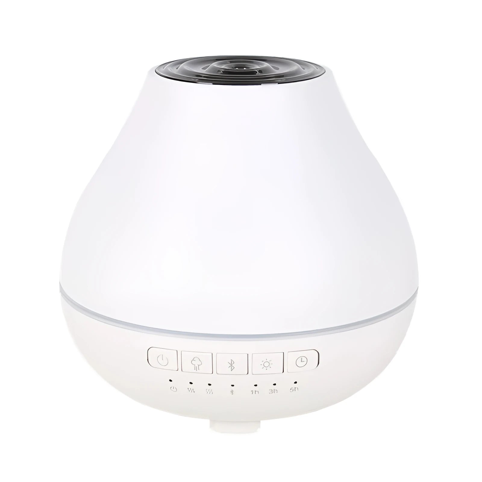 White round Soho & Co Bluetooth aroma diffuser emitting mist, with multi-colour LED glow and UK plug.