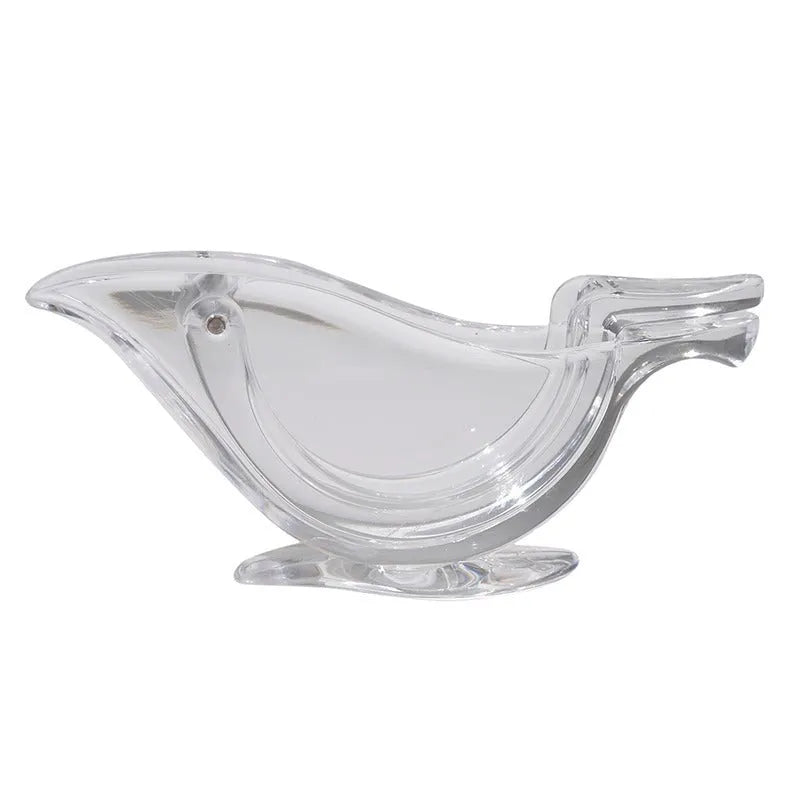 Transparent acrylic manual lemon juicer with bird-shaped press for squeezing citrus slices