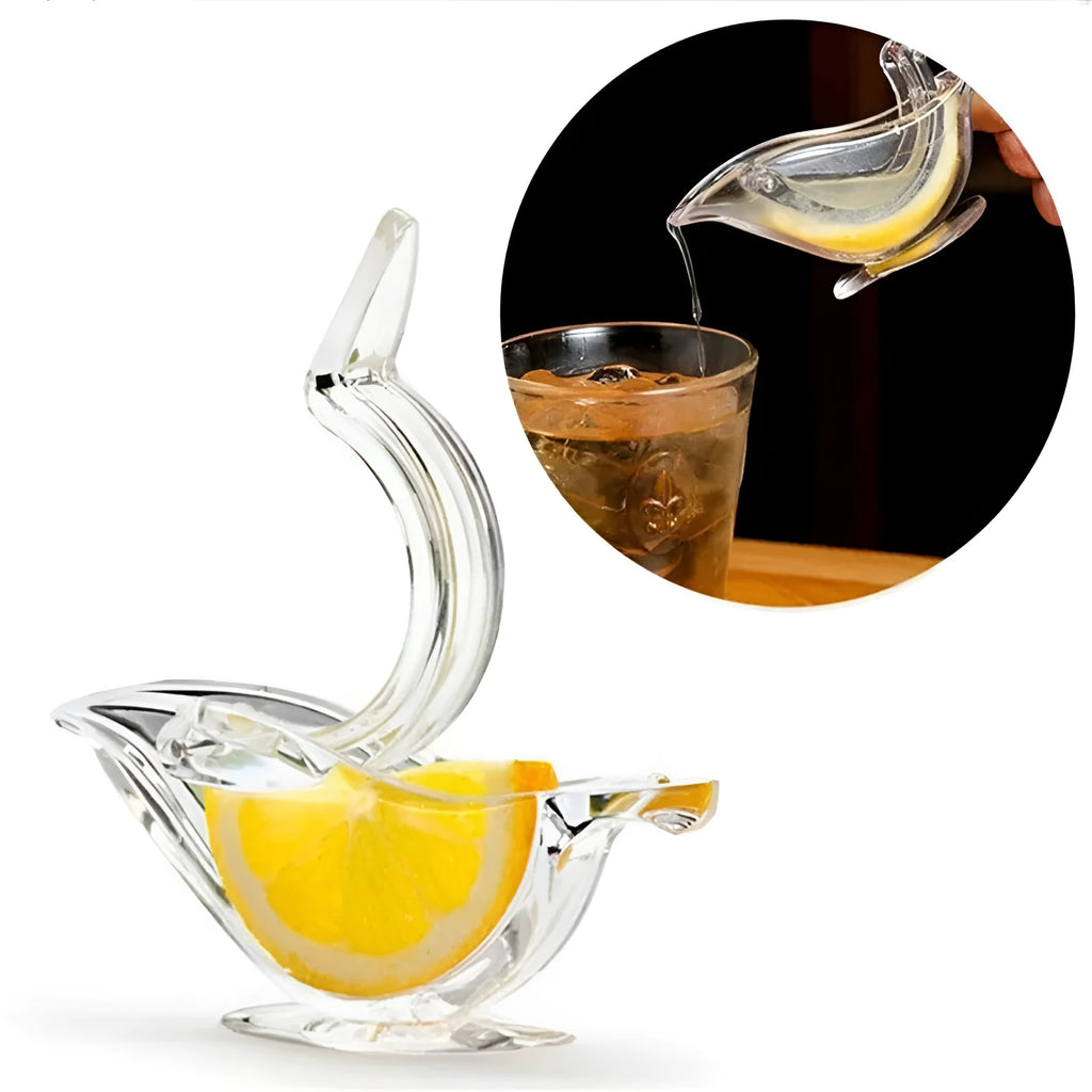 Transparent acrylic manual lemon juicer with bird-shaped press for squeezing citrus slices