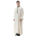 Muslim Arab Middle East men's applique stand collar robe TH810 in white hemp blended fabric