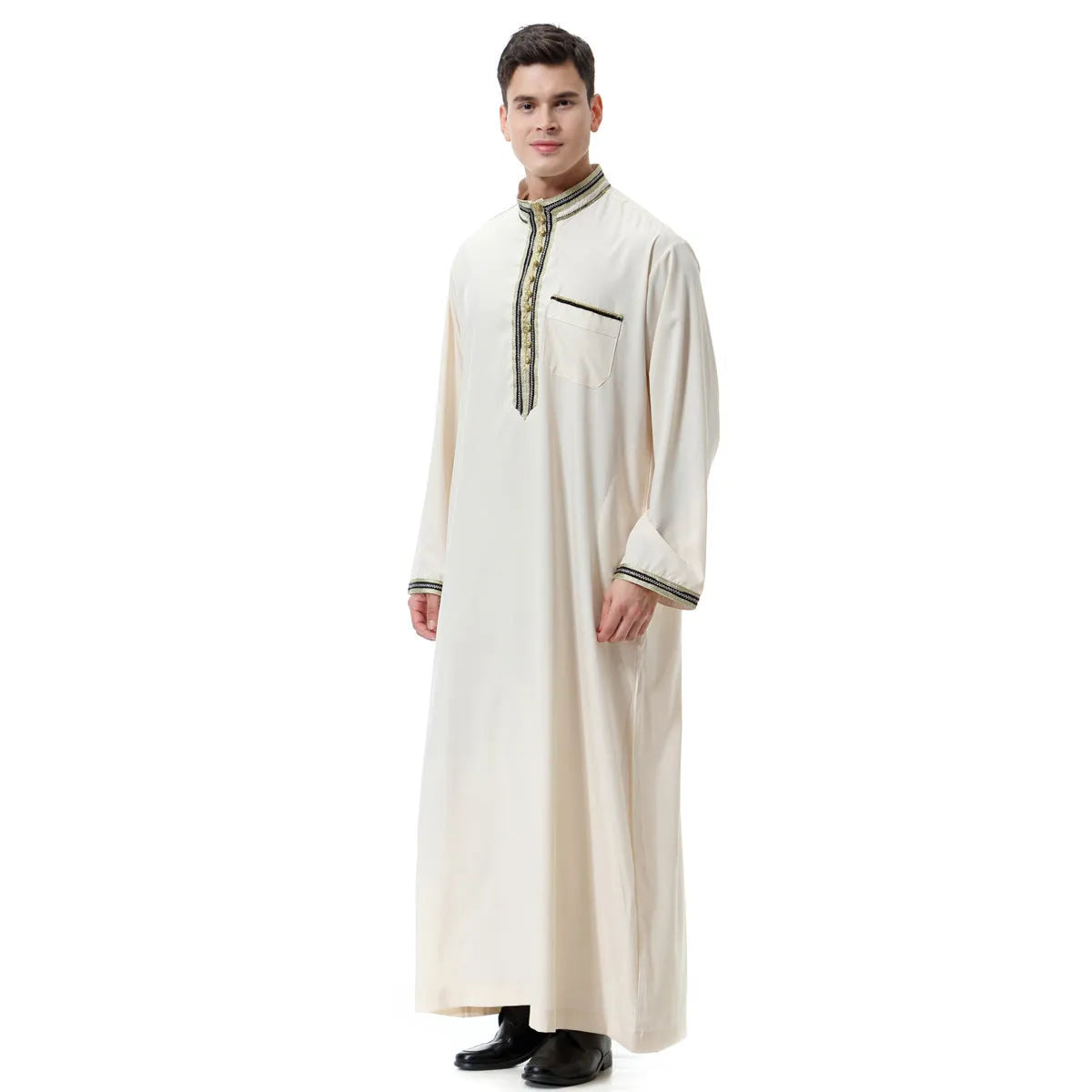 Muslim Arab Middle East men's applique stand collar robe TH810 in white hemp blended fabric