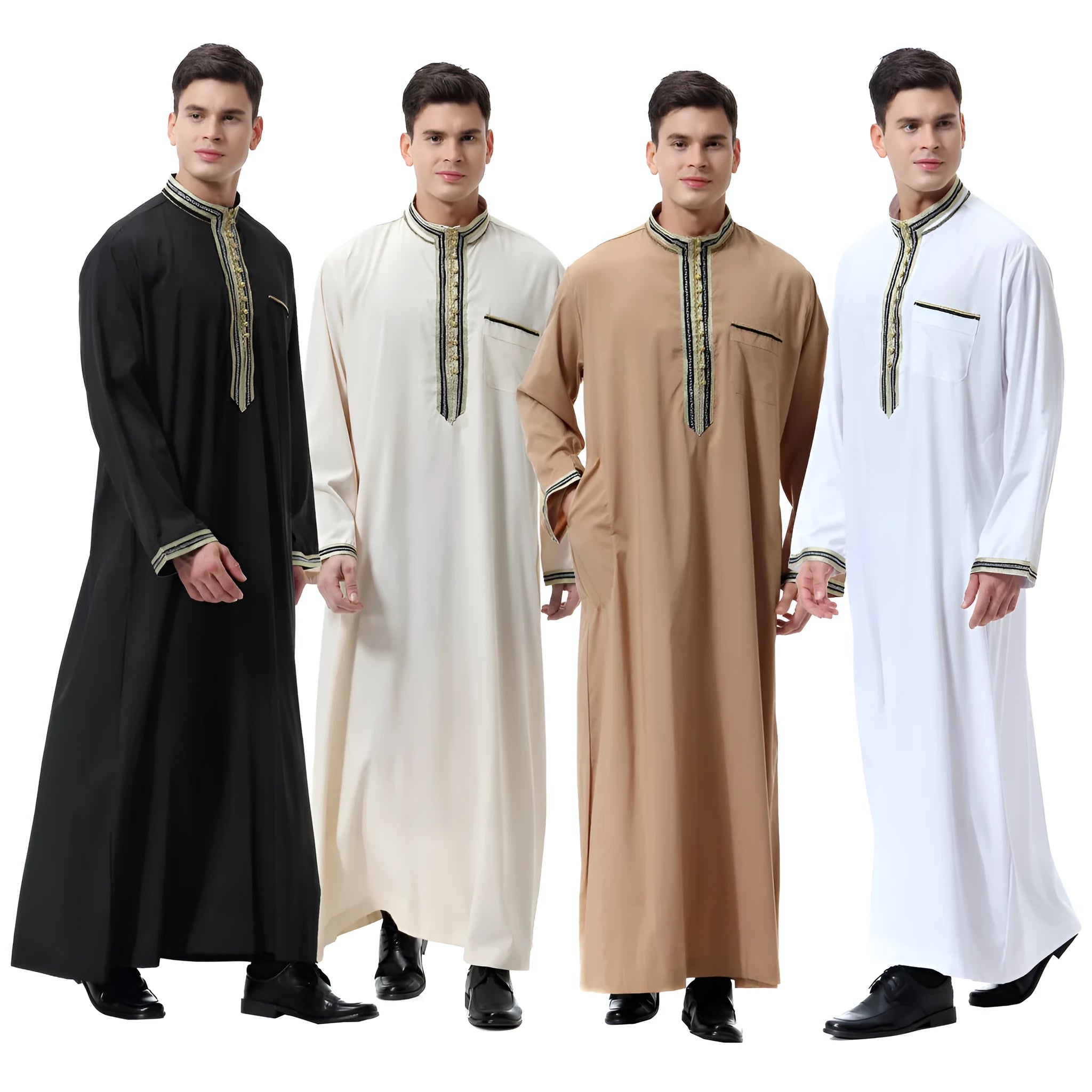 Muslim Arab Middle East men's applique stand collar robe TH810 in white hemp blended fabric