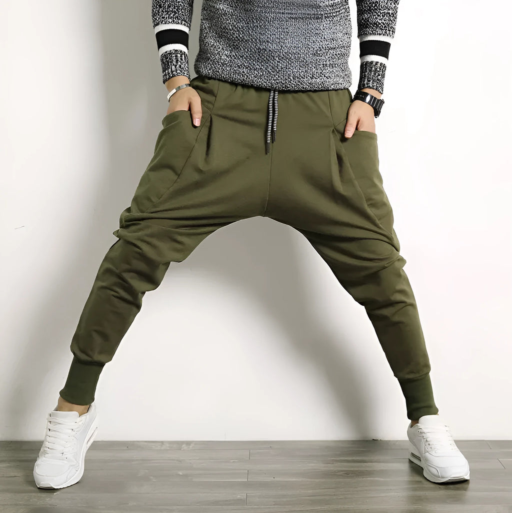 Japanese solid colour plus size harem suspender pants for men, cotton blend, high elasticity, available in black, dark grey, army green