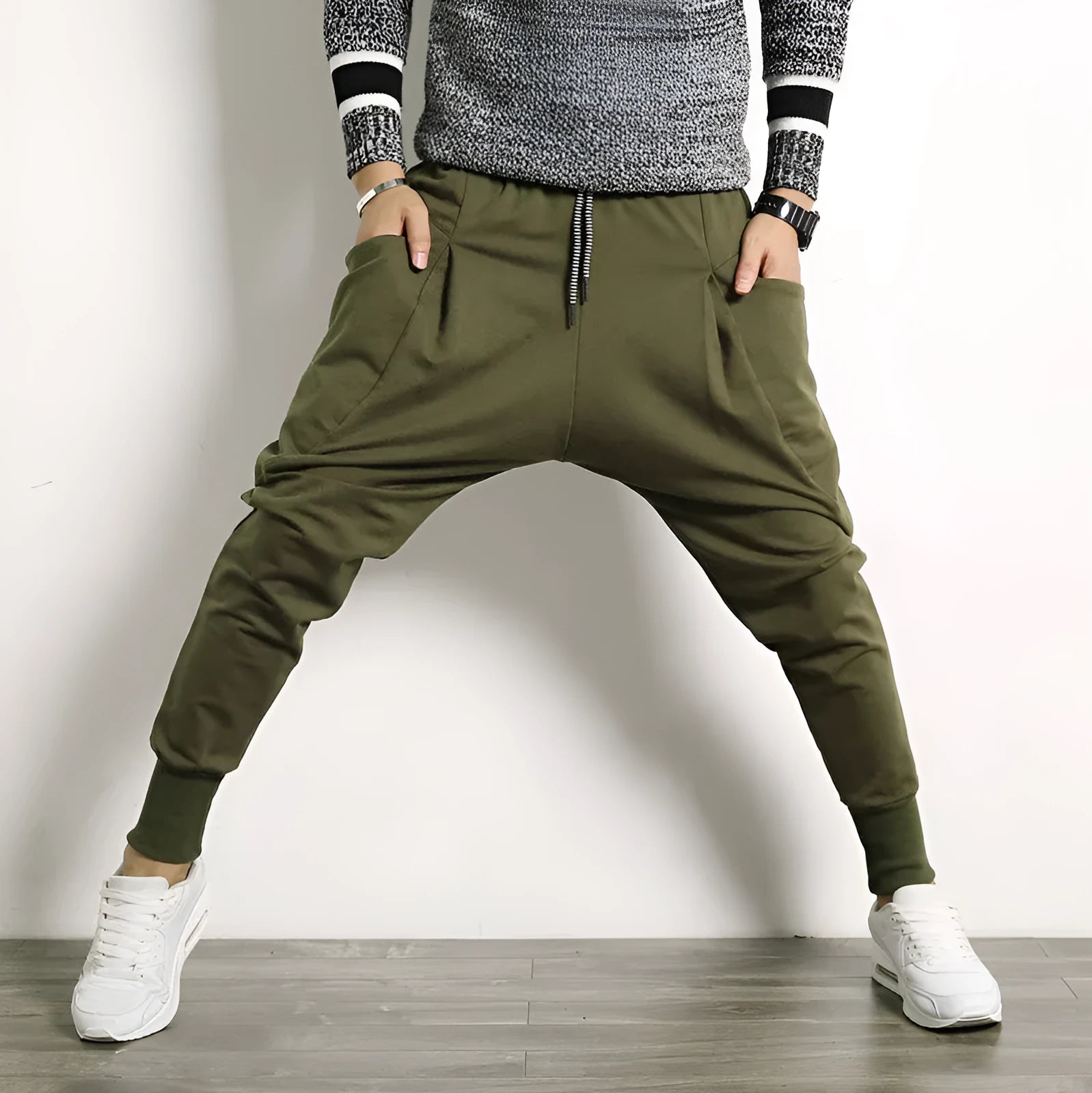 Japanese solid colour plus size harem suspender pants for men, cotton blend, high elasticity, available in black, dark grey, army green