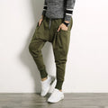 Japanese solid colour plus size harem suspender pants for men, cotton blend, high elasticity, available in black, dark grey, army green