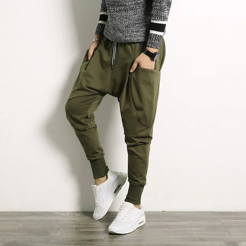 Japanese solid colour plus size harem suspender pants for men, cotton blend, high elasticity, available in black, dark grey, army green
