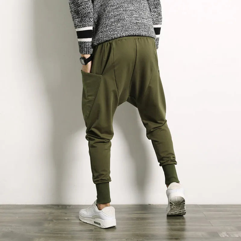 Japanese solid colour plus size harem suspender pants for men, cotton blend, high elasticity, available in black, dark grey, army green