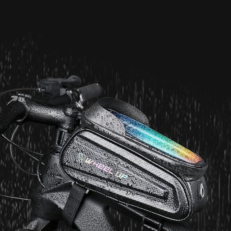 WHEEL UP hard shell bicycle front beam bag in black with reflective style, showing phone touch screen window and waterproof zipper