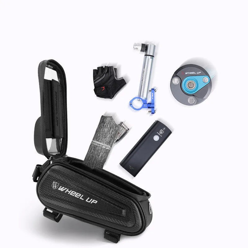 WHEEL UP hard shell bicycle front beam bag in black with reflective style, showing phone touch screen window and waterproof zipper