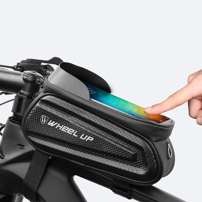 WHEEL UP hard shell bicycle front beam bag in black with reflective style, showing phone touch screen window and waterproof zipper