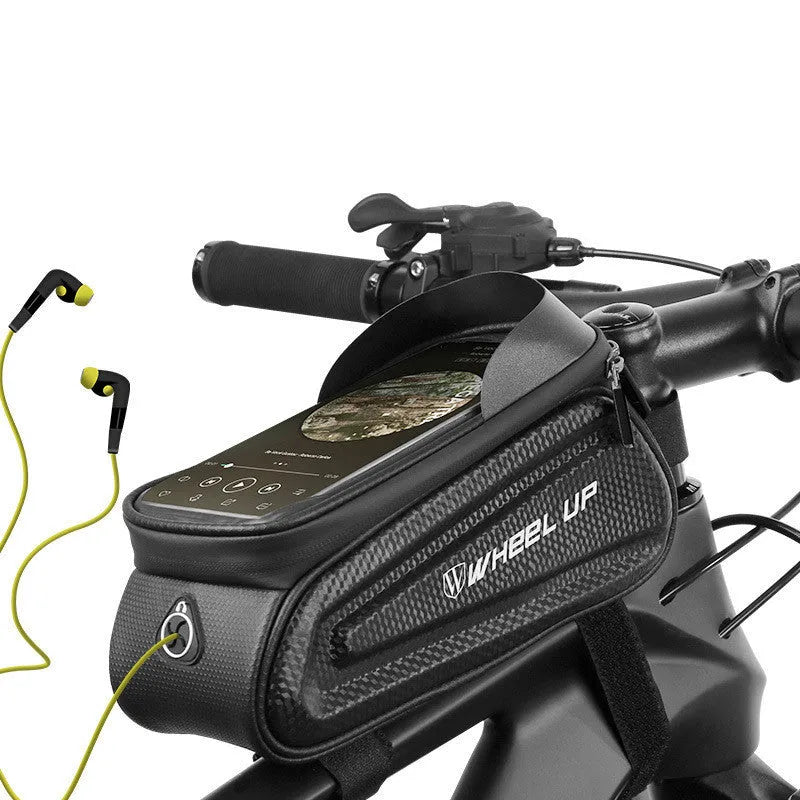 WHEEL UP hard shell bicycle front beam bag in black with reflective style, showing phone touch screen window and waterproof zipper