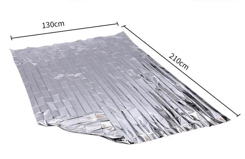 Gold silver emergency blanket made from PET film with reflective coating, 130x210cm size, for outdoor survival and rescue.