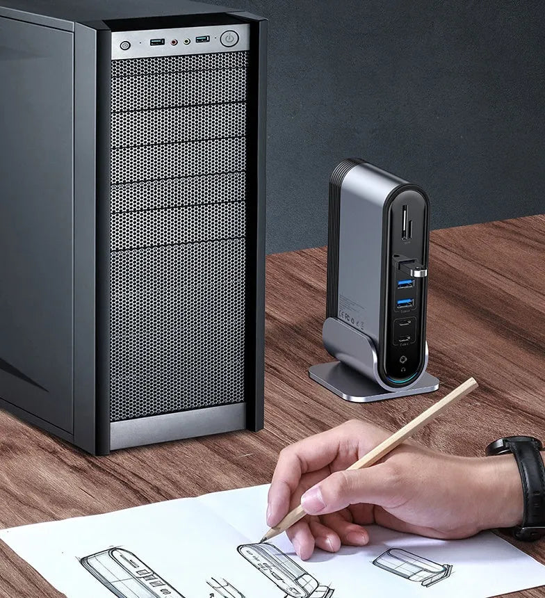 Deep space grey 16-in-1 Type-C docking station with multiple ports and connectivity options