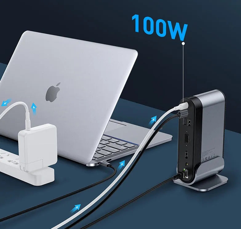 Deep space grey 16-in-1 Type-C docking station with multiple ports and connectivity options