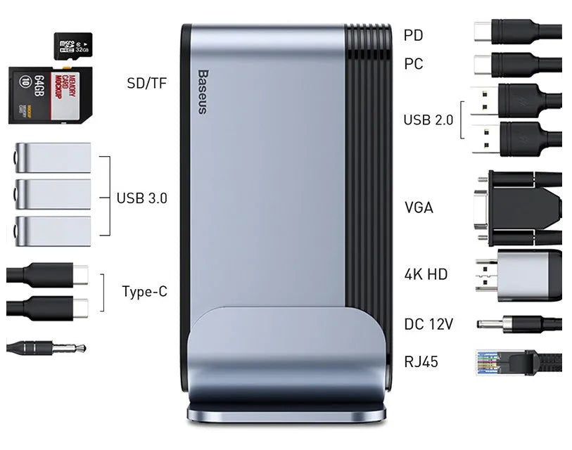 Deep space grey 16-in-1 Type-C docking station with multiple ports and connectivity options