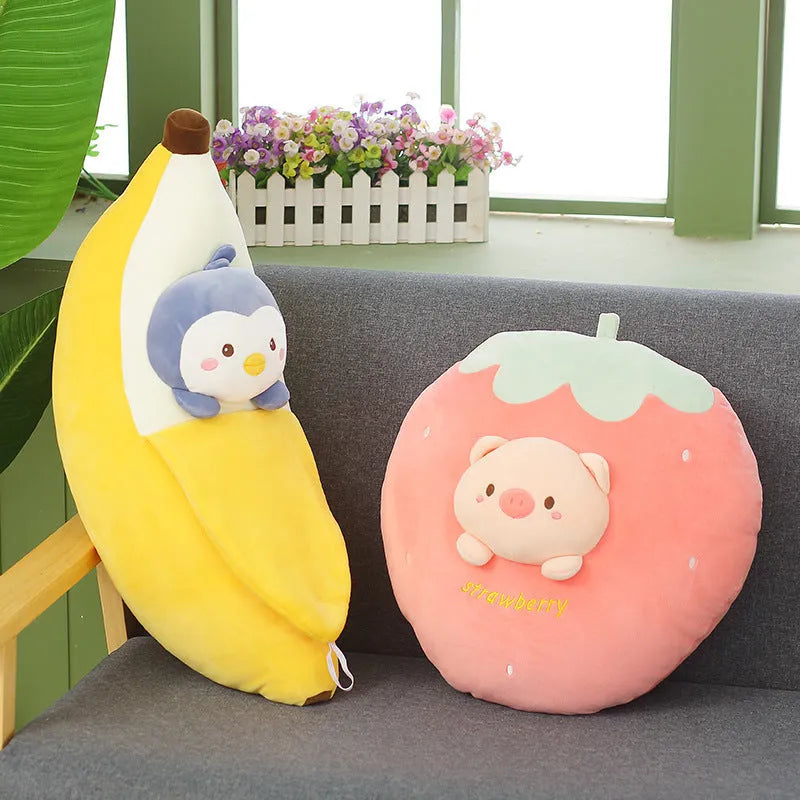 Cute banana fruit plush cushion with plush jacket and PP cotton fill on a chair