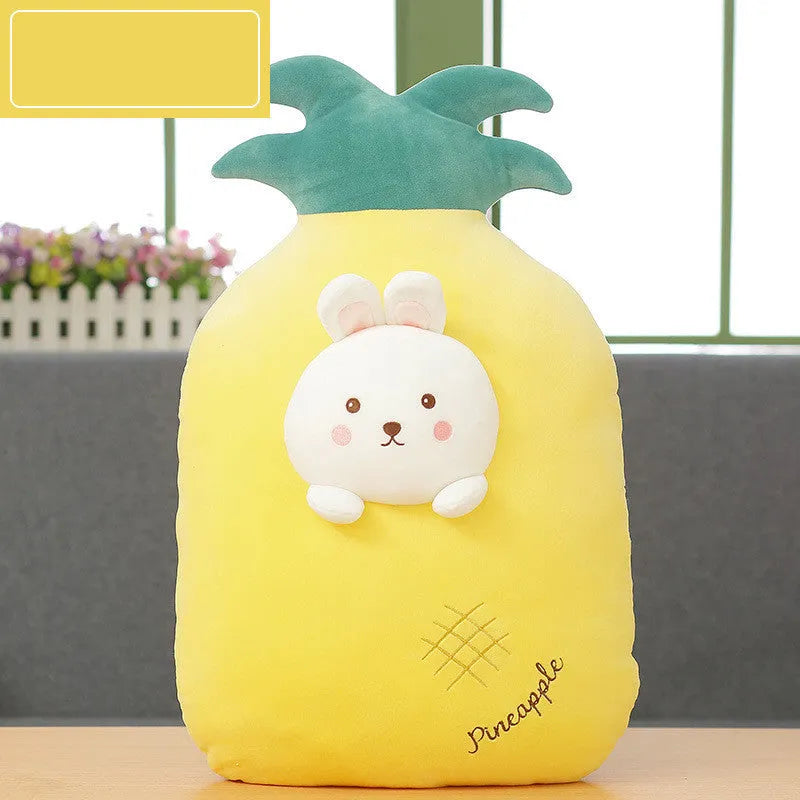 Cute banana fruit plush cushion with plush jacket and PP cotton fill on a chair