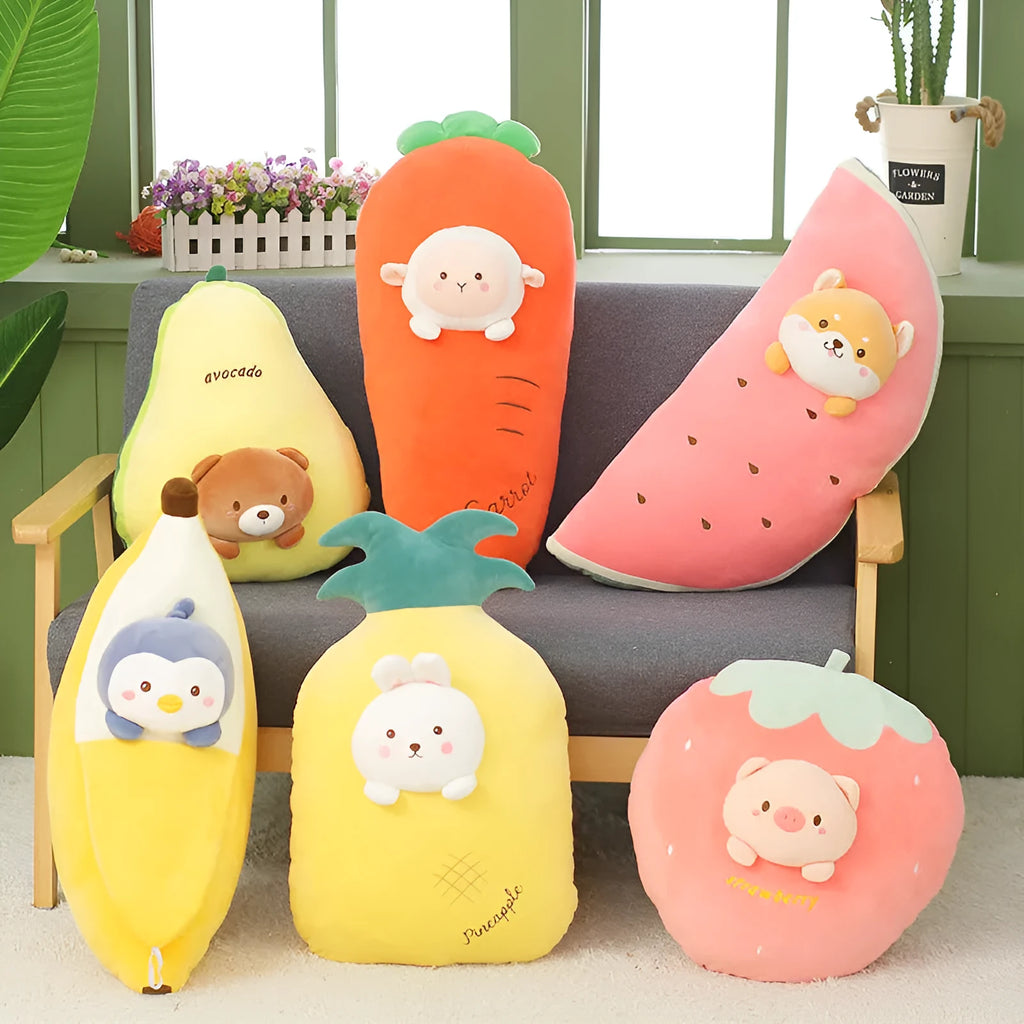 Cute banana fruit plush cushion with plush jacket and PP cotton fill on a chair