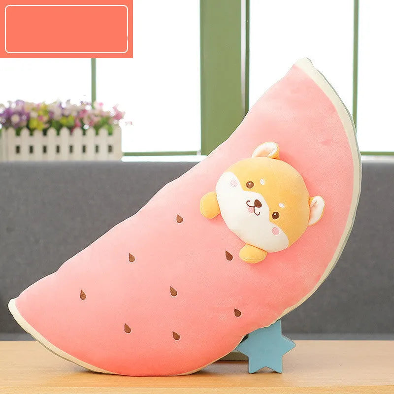 Cute banana fruit plush cushion with plush jacket and PP cotton fill on a chair