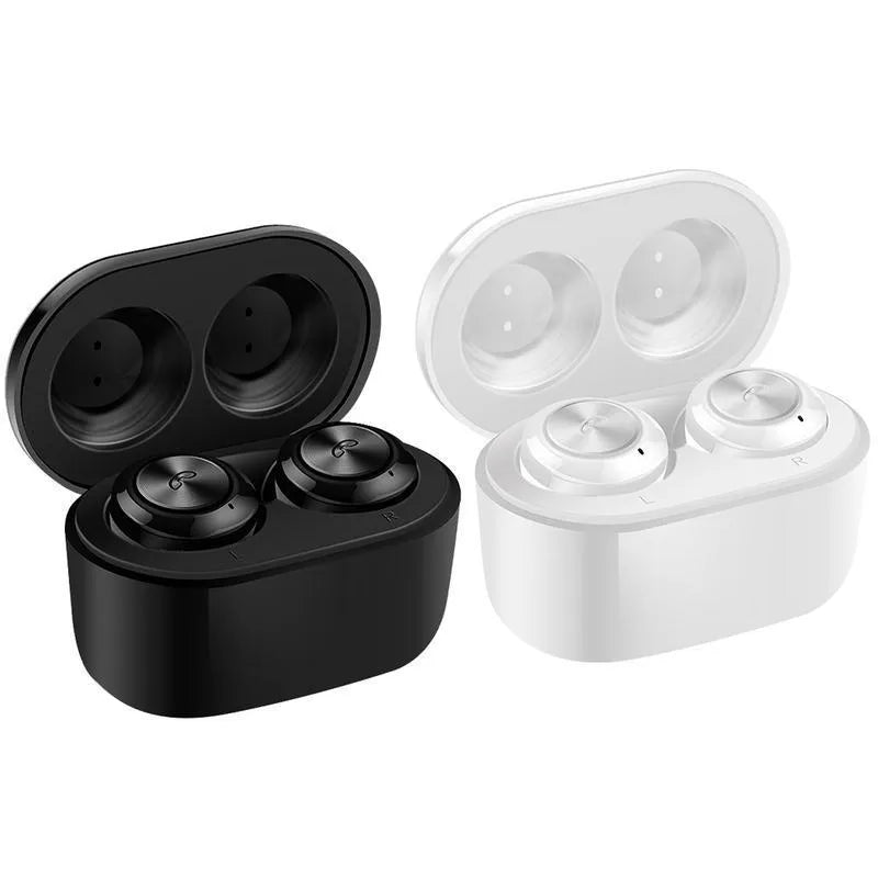 Black and white A6 noise cancelling Bluetooth earbuds with TWS wireless stereo design