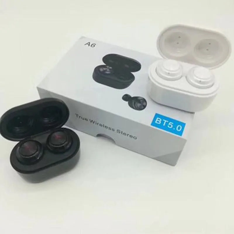 Black and white A6 noise cancelling Bluetooth earbuds with TWS wireless stereo design