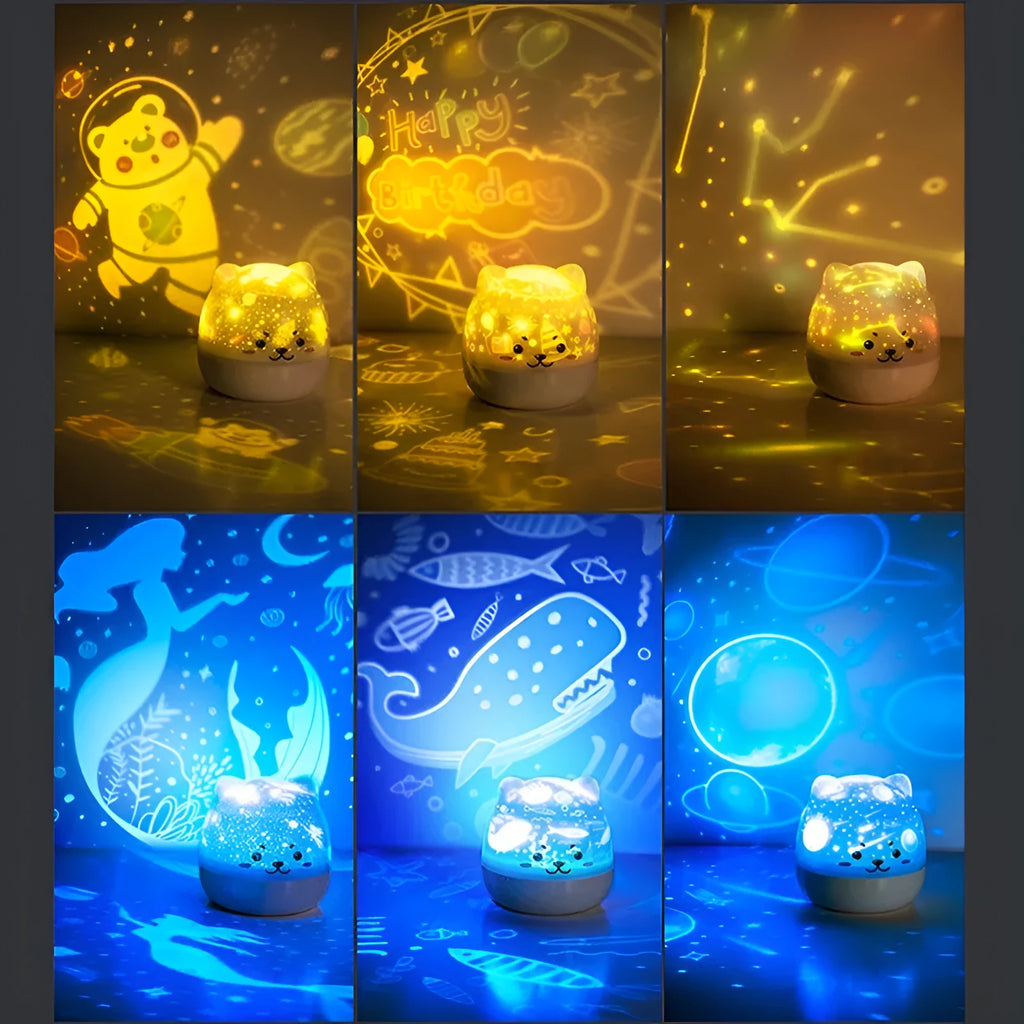 Rotatable star projector night light with music, USB charging, plastic lampshade, astronaut bear slide