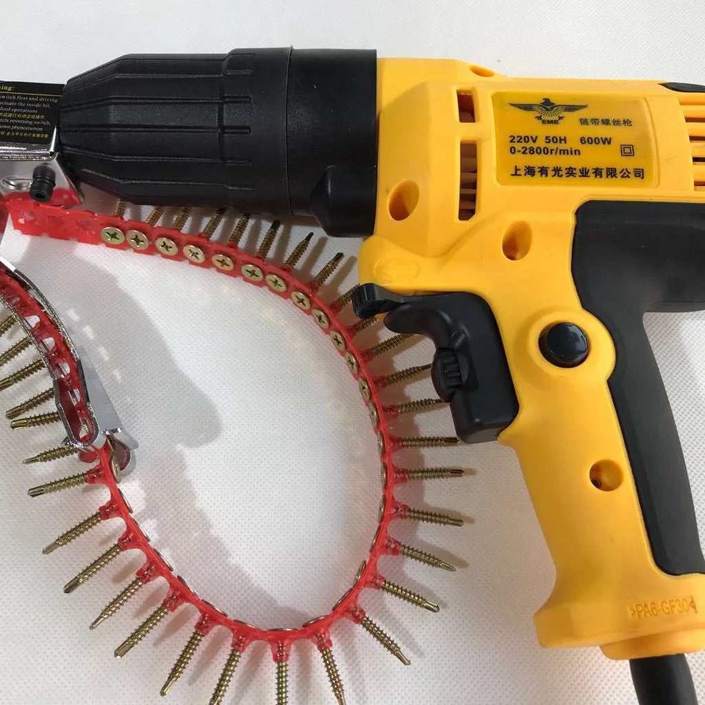 Yellow rechargeable chain belt screw machine with pistol grip handle