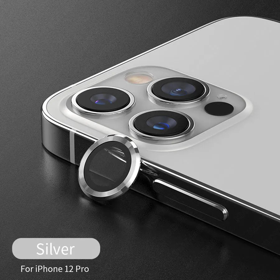Tempered glass metal lens protector film for iPhone camera in assorted colours.