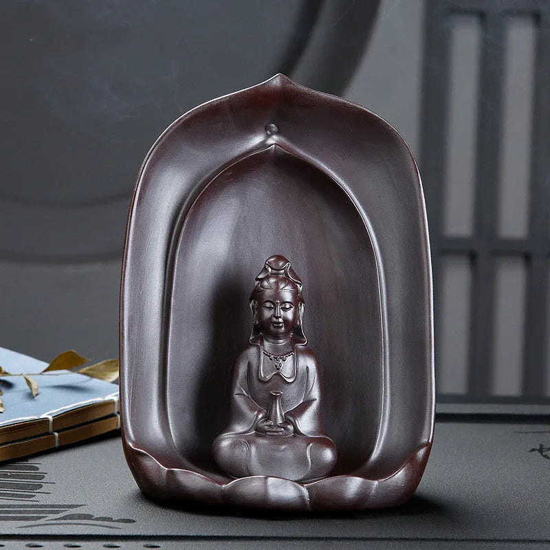 Ceramic back flow incense burner with sitting lotus Guanyin design for Buddha home altars