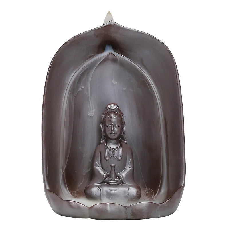 Ceramic back flow incense burner with sitting lotus Guanyin design for Buddha home altars